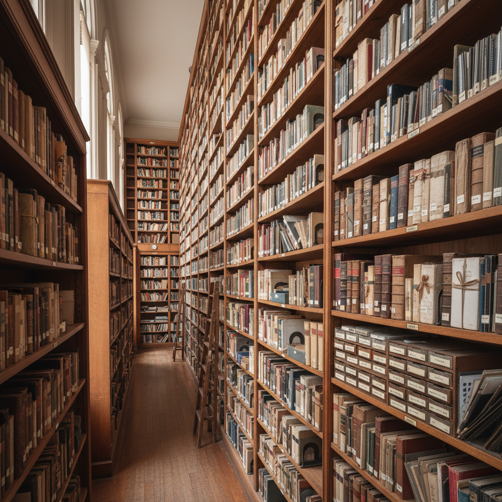 Library archive shelves with historical documents and photographic negatives