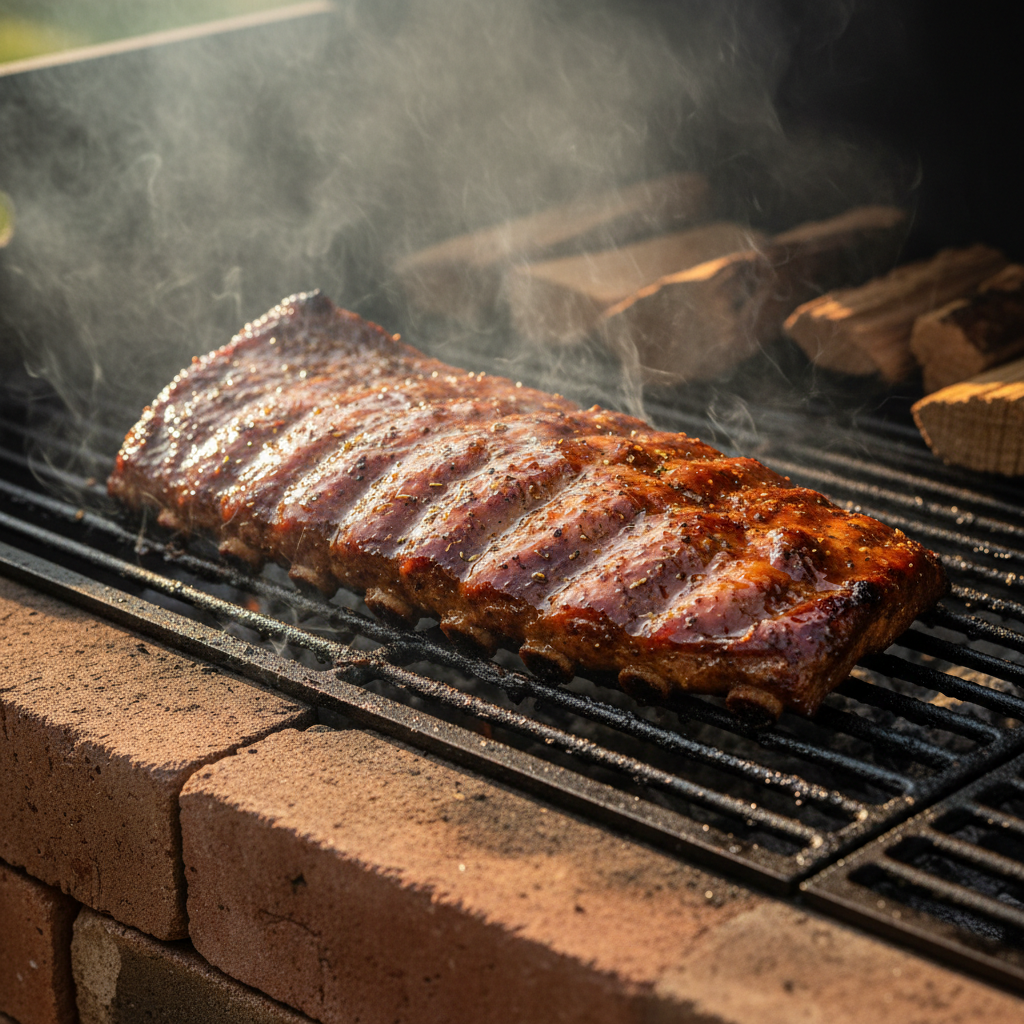 St. Louis spare ribs glistening under pecan smoke on the grill grate