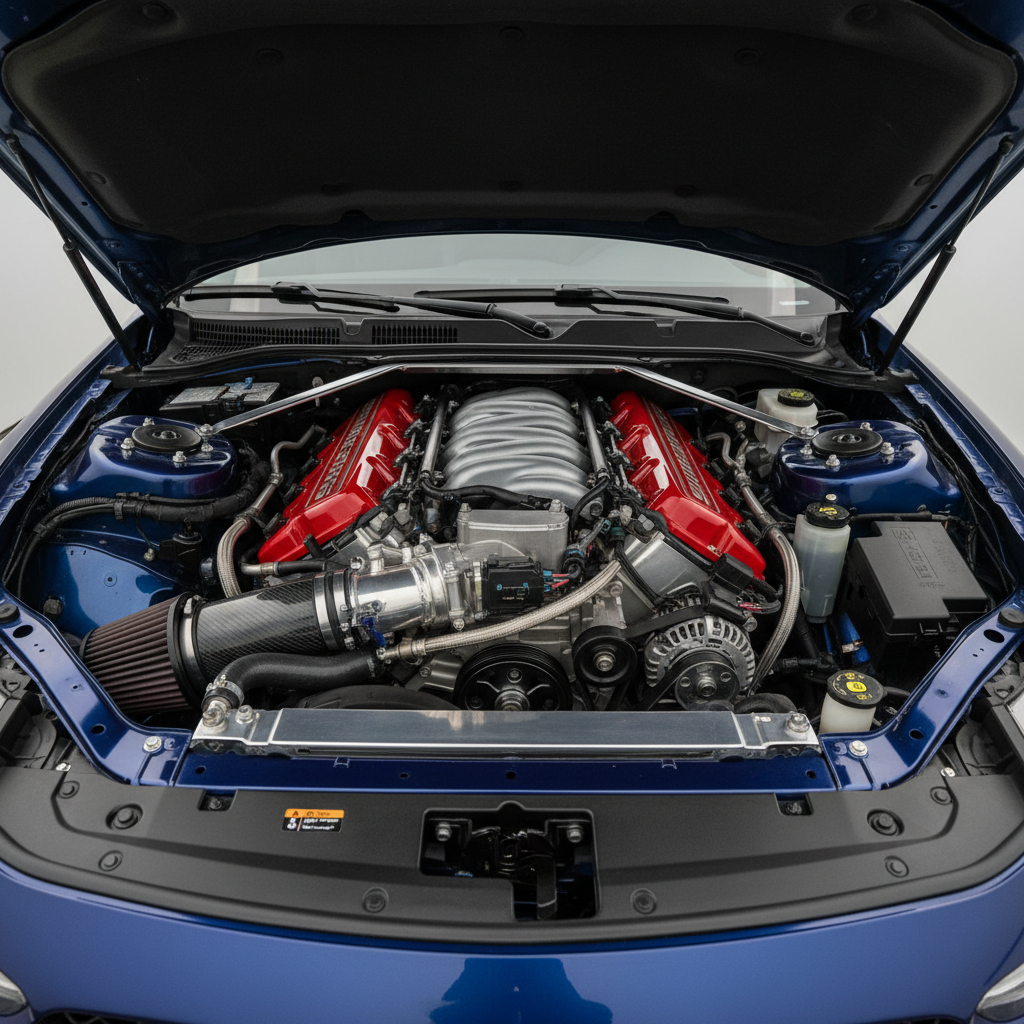 Engine bay of performance car after deep cleaning, all components spotless and dressed