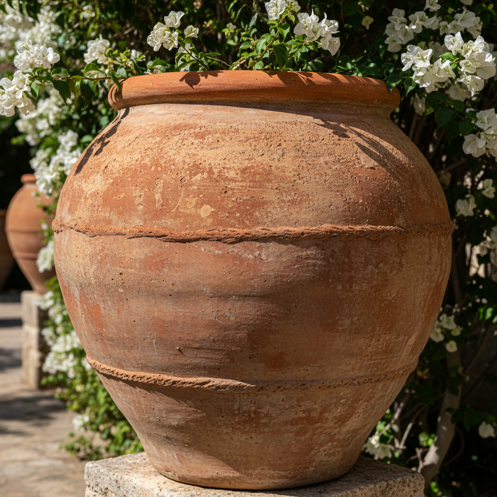 Large terracotta planter with burnt sienna surface, unglazed exterior showing raw clay texture