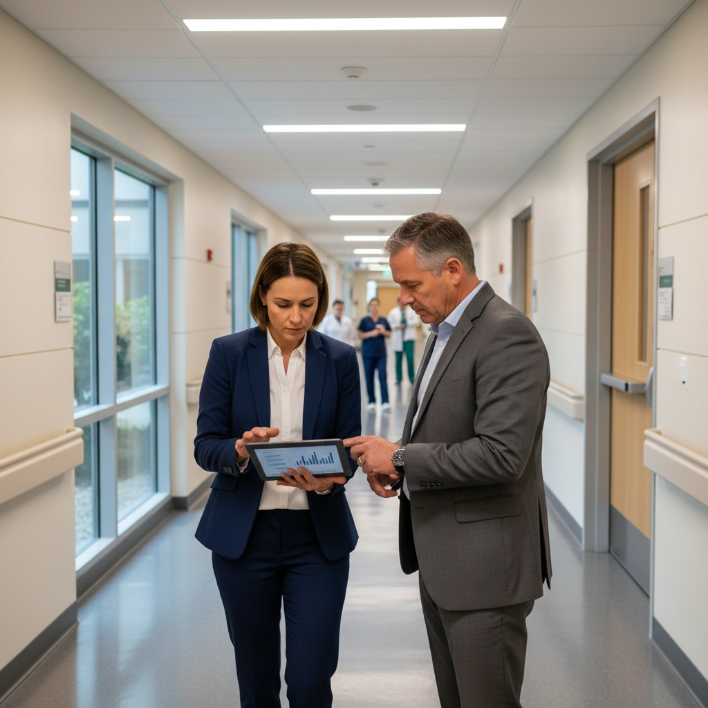 Client success manager walking hospital corridor with CFO reviewing report on tablet