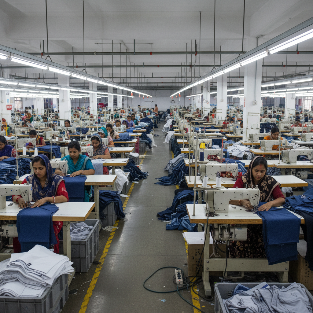 Large garment factory floor in Ahmedabad with rows of sewing machines and workers producing woven apparel