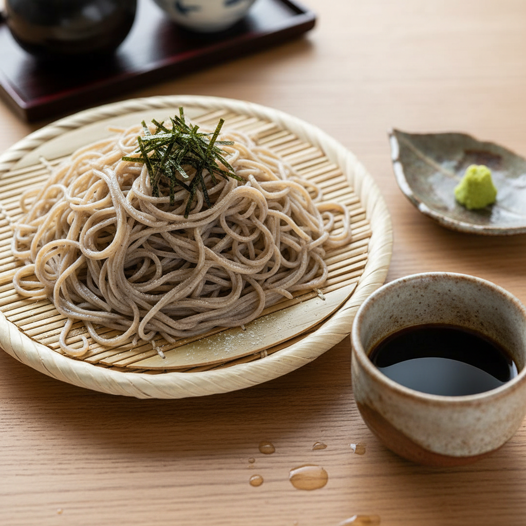 Cold soba noodles arranged in a bamboo zaru basket with dipping tsuyu broth in a ceramic cup, garnished with wasabi and nori