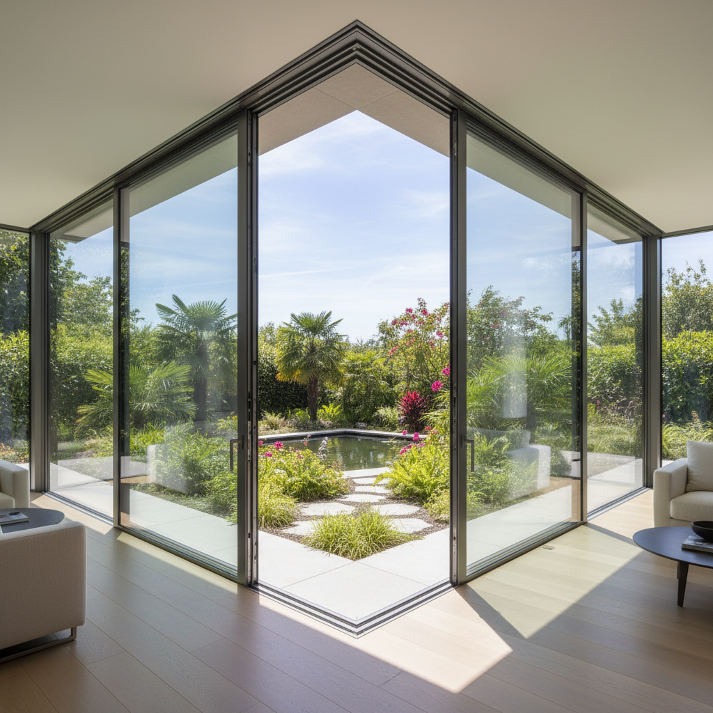 Corner-meet sliding glass wall installation where two perpendicular walls of glass slide into a single pocket, the room corner completely dissolved into open sky and garden
