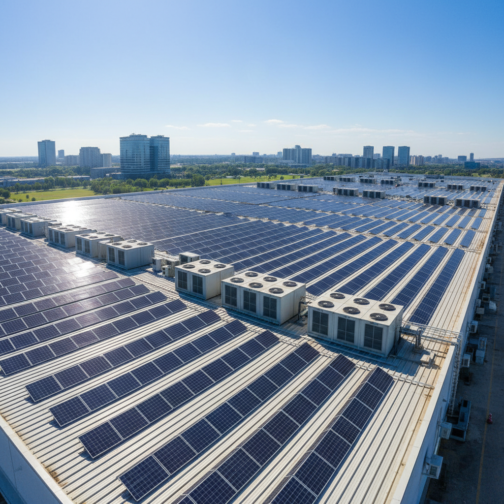 Large rooftop solar panel installation on modern corporate IT campus building with clear sky