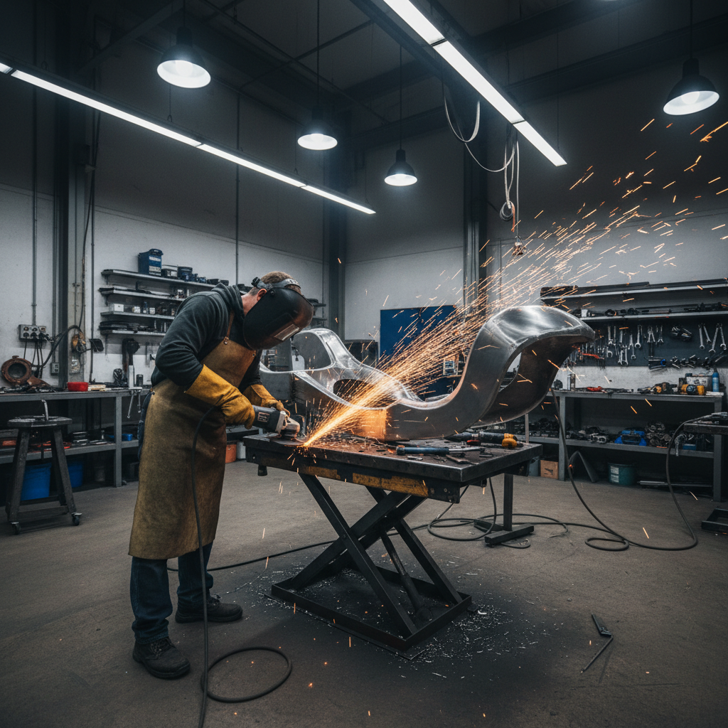 Metal fabricator working on an aluminum assembly in a workshop