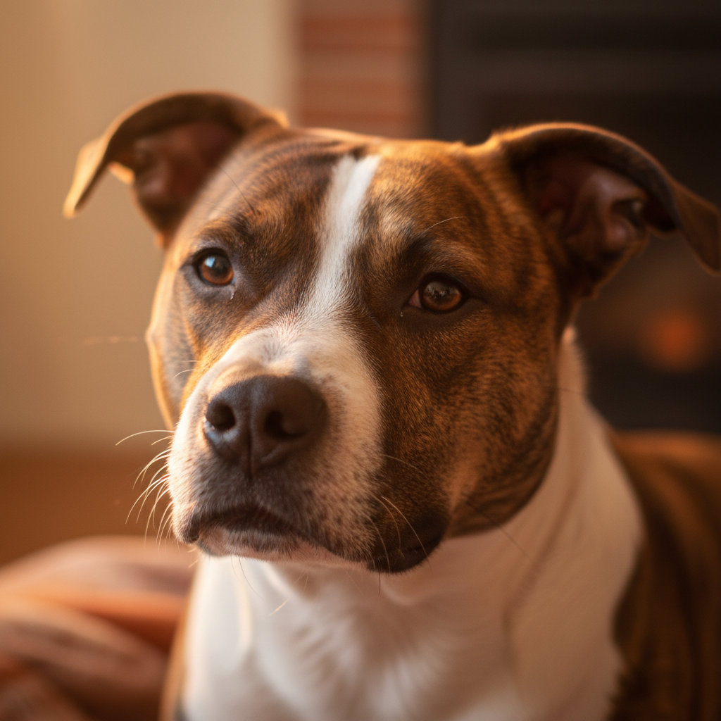 Brindle and white pit bull mix dog with soft eyes, gentle expression, warm amber light catching the short coat