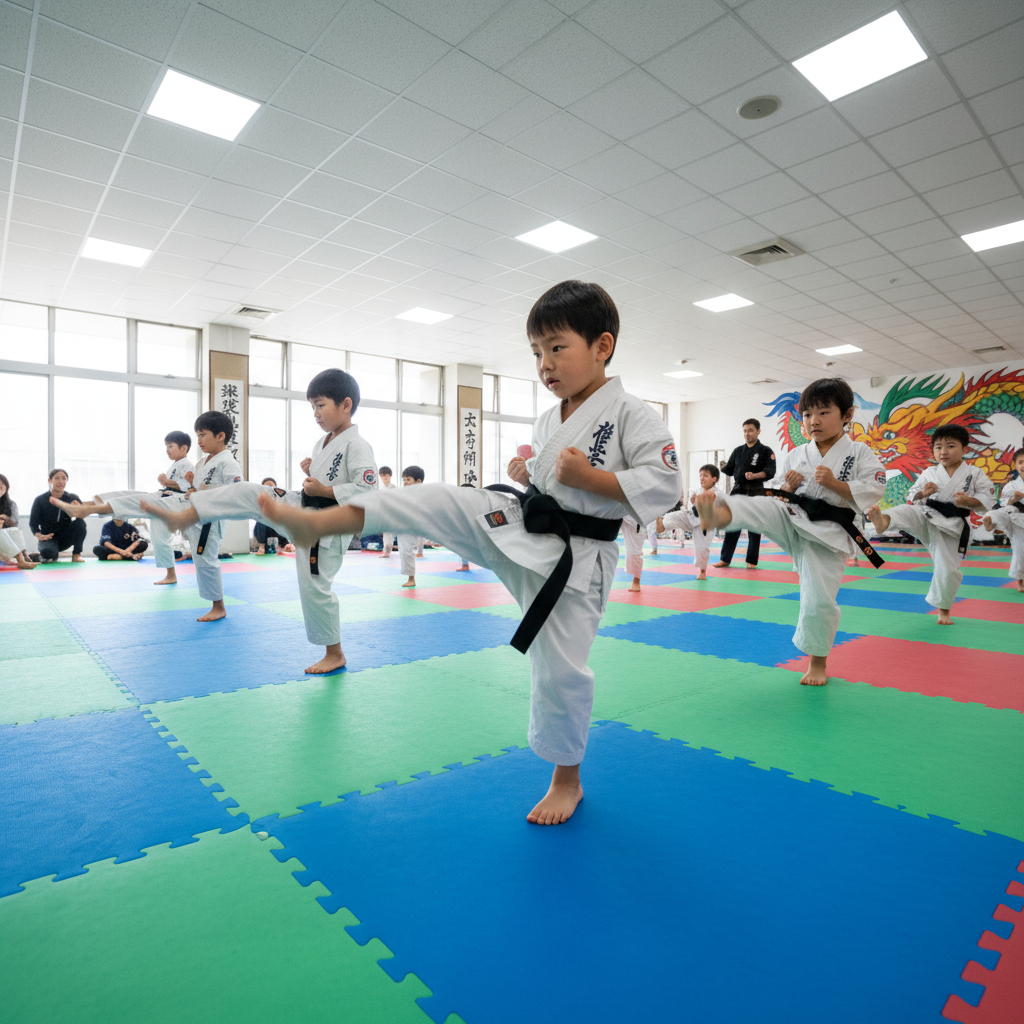 Children in white martial arts uniforms practicing karate kicks in a dojo with focused expressions