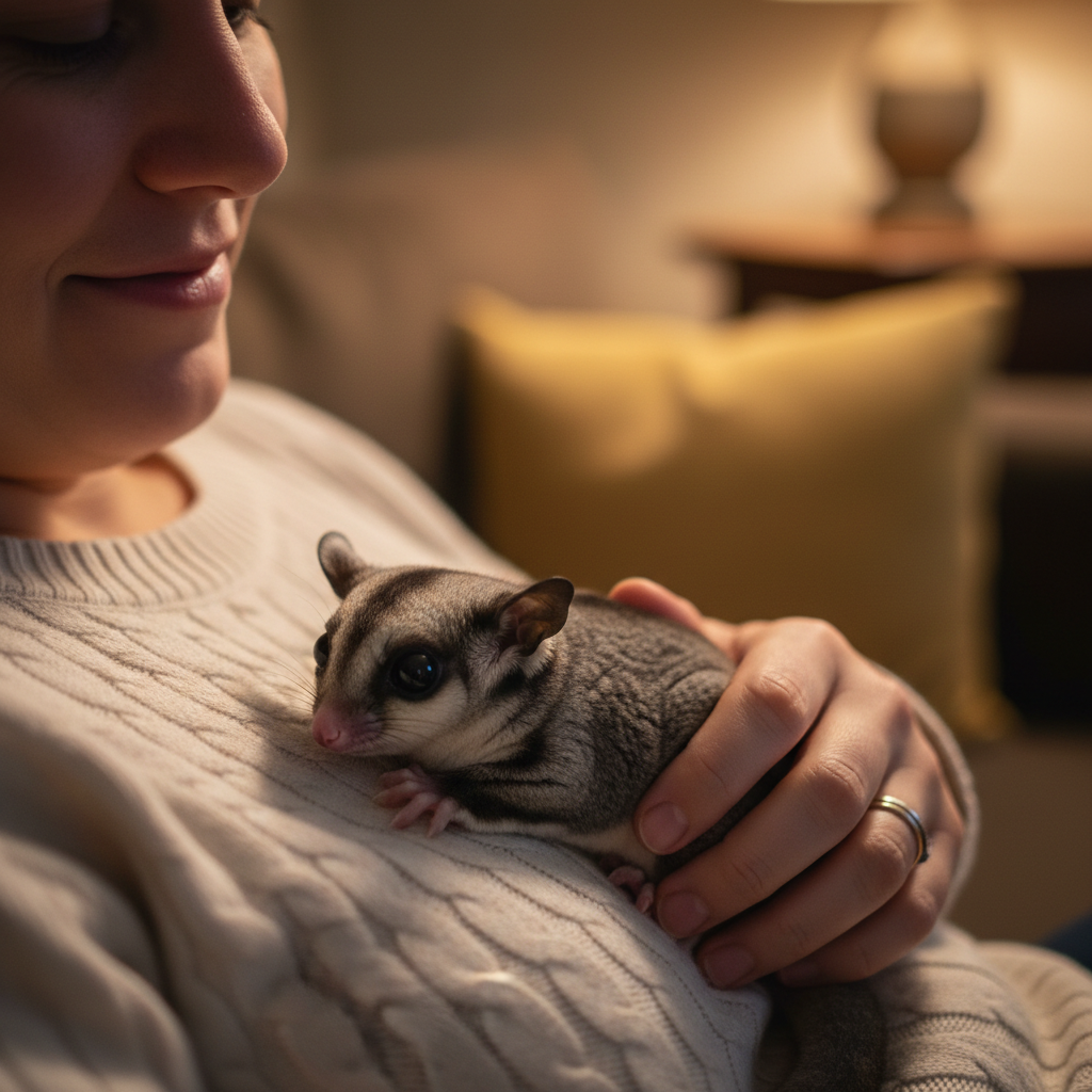 Sugar glider bonding portrait session with family in warm home setting