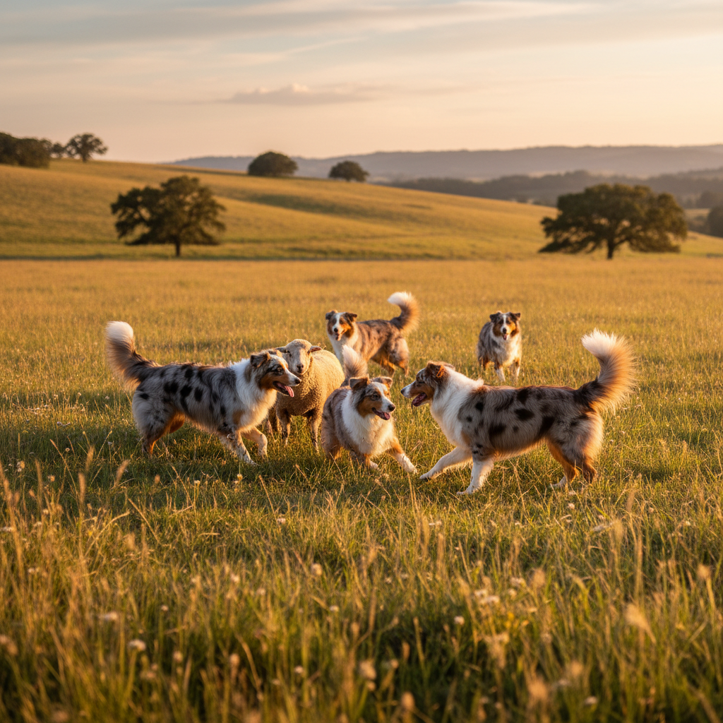 Background of Australian Shepherds in open pasture at golden hour