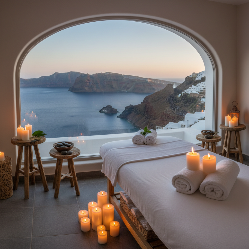 Serene spa treatment room with candles, essential oils, and peaceful ambiance for spiritual wellness treatments