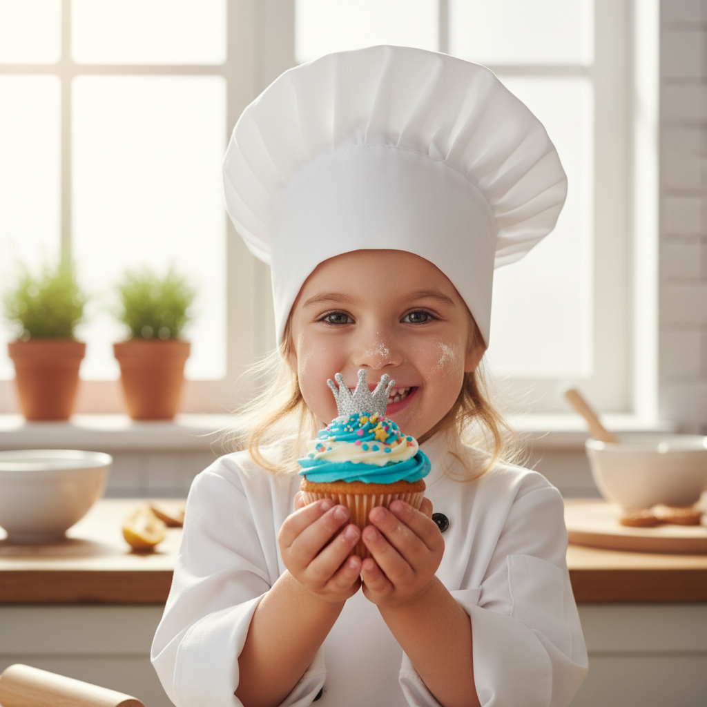 Little girl in chef hat proudly showing decorated cupcake to camera