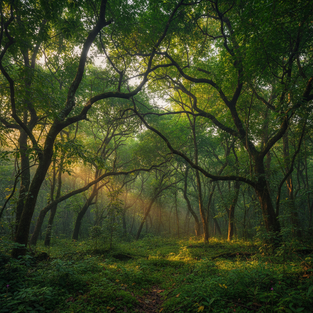 Dense jungle wildlife reserve with lush green canopy, dramatic atmospheric mist, and dark forest undergrowth