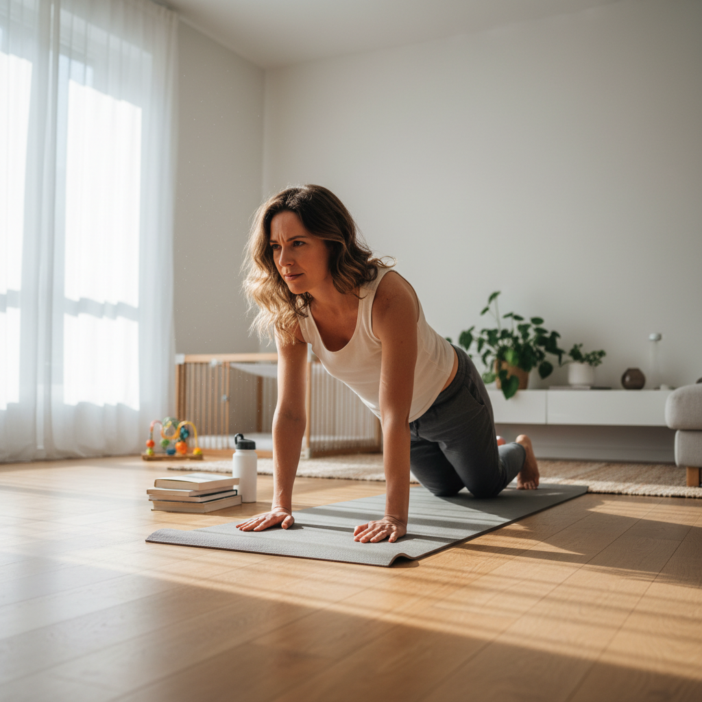 Person doing push-ups on a yoga mat in a clean, well-lit home space