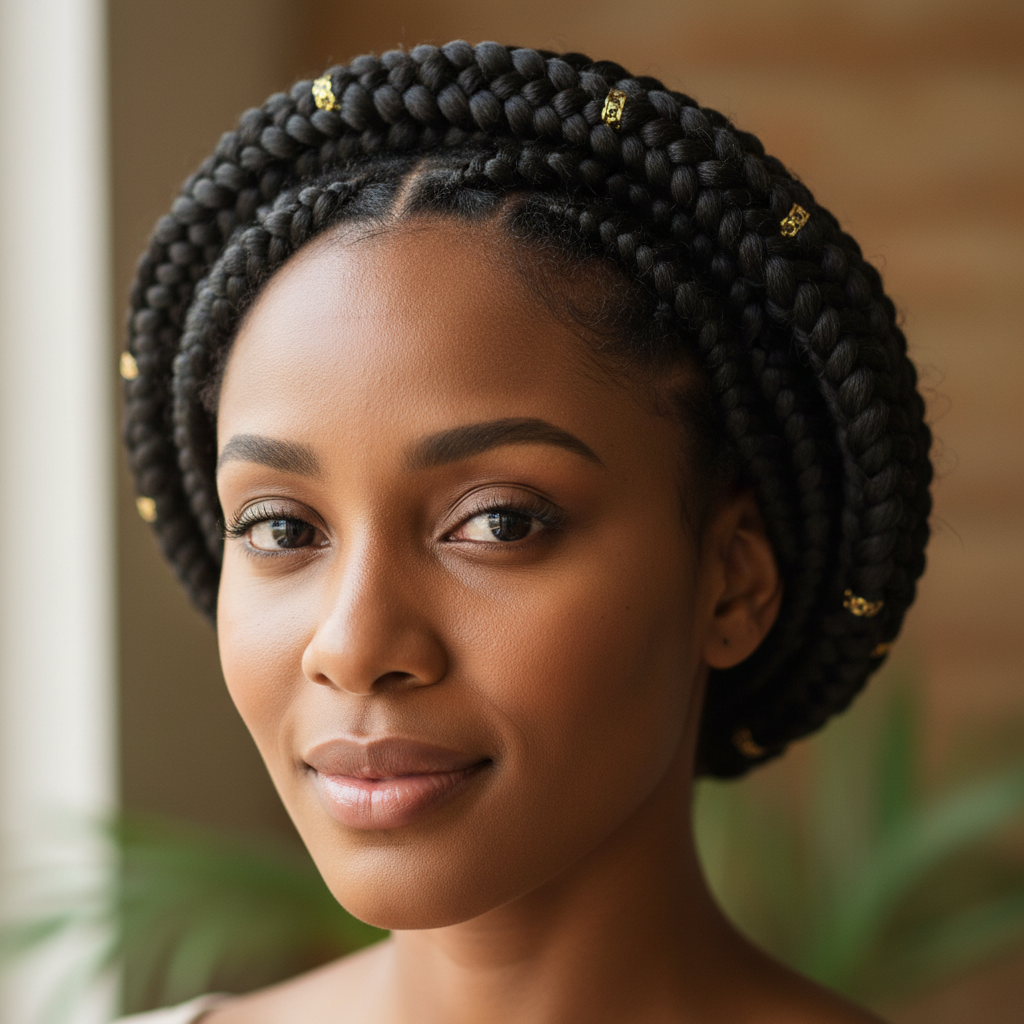 Ghanaian woman with traditional Ghana braids showing intricate pattern work representing cultural messages