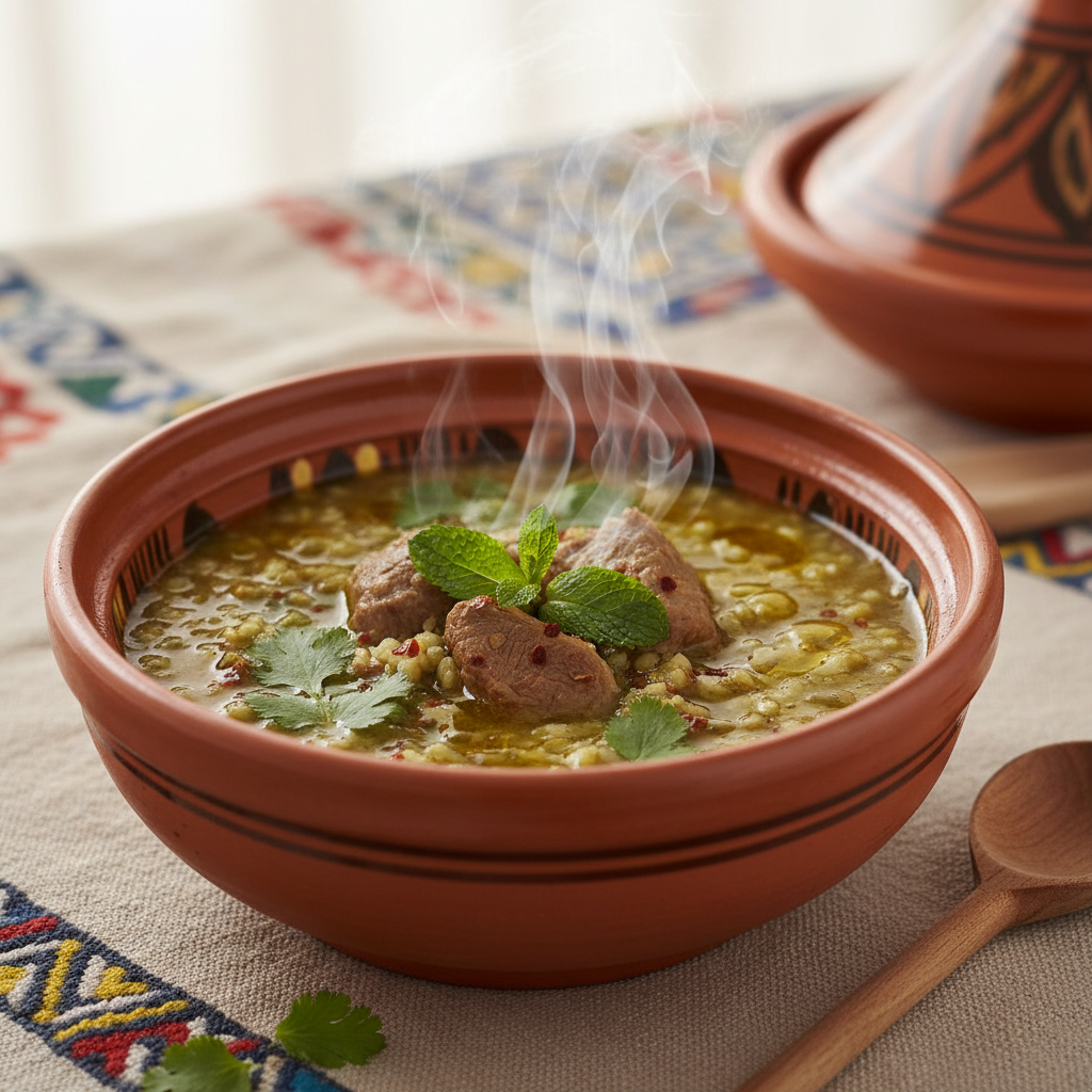 Sharba Libiya — golden turmeric lamb soup with orzo, a squeeze of lemon, and harissa swirl on top