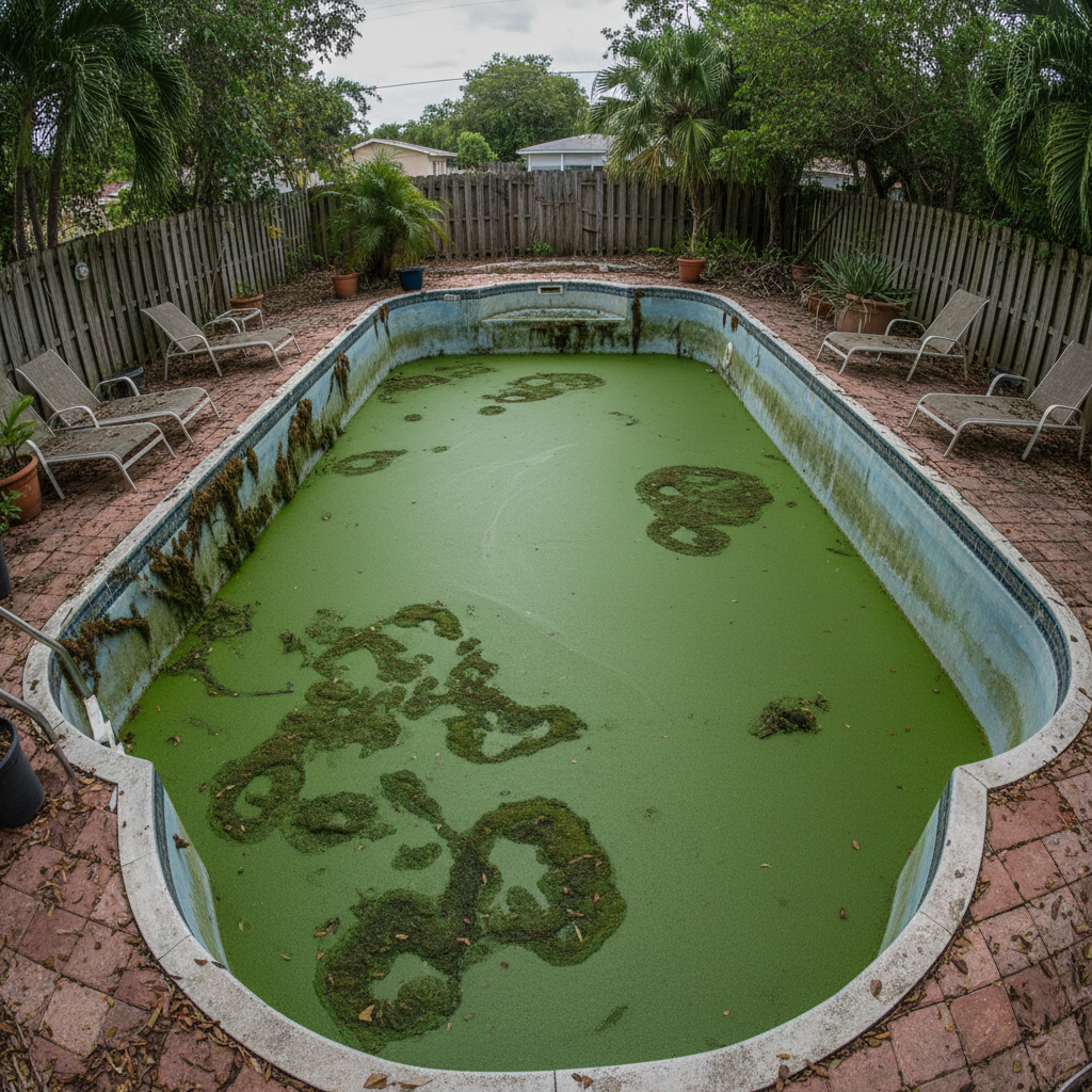 Green algae-clouded HOA pool in Littleton before remediation