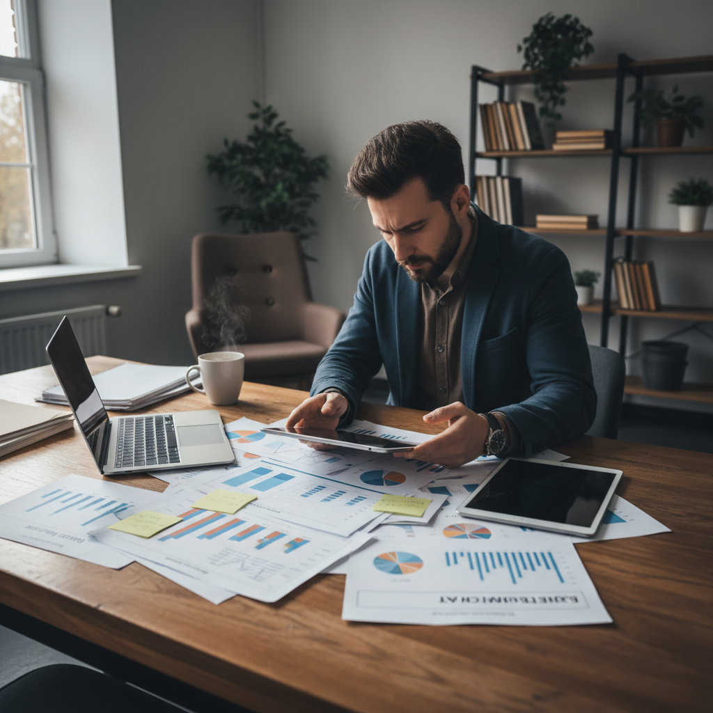 Entrepreneur at a bright desk reviewing printed business plan documents with charts