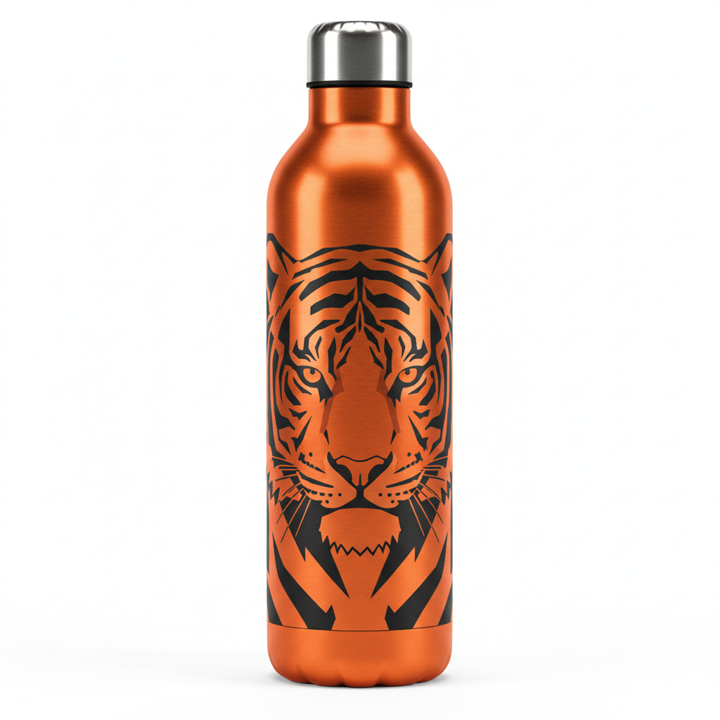 Custom printed 32oz insulated water bottle with bold geometric tiger design in electric orange and black