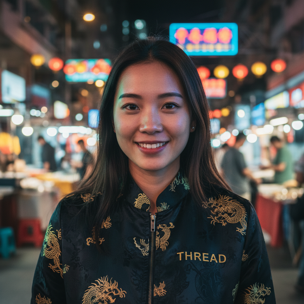 Young woman wearing Thread mandarin collar bomber jacket at a Hong Kong night market, smiling at camera