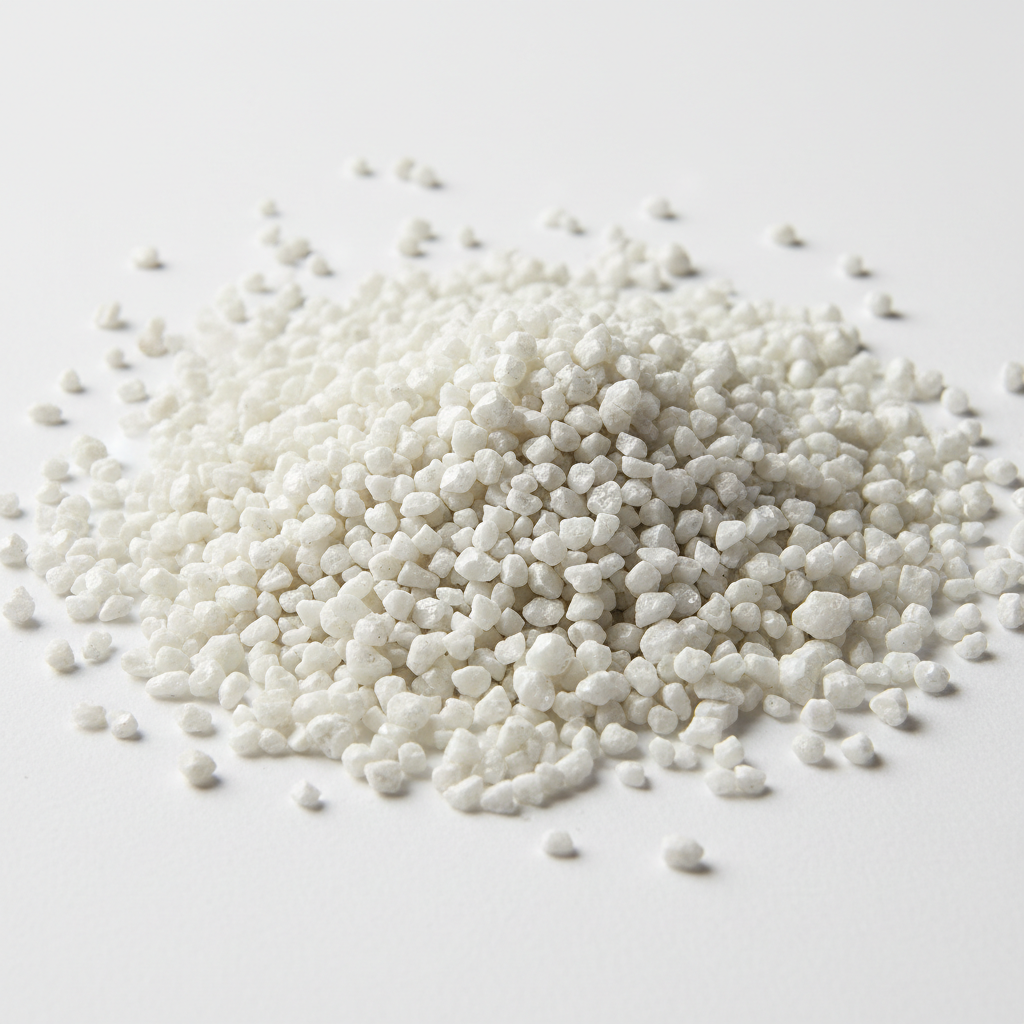 White potassium sulphate fertilizer granules, clean white background, studio lighting