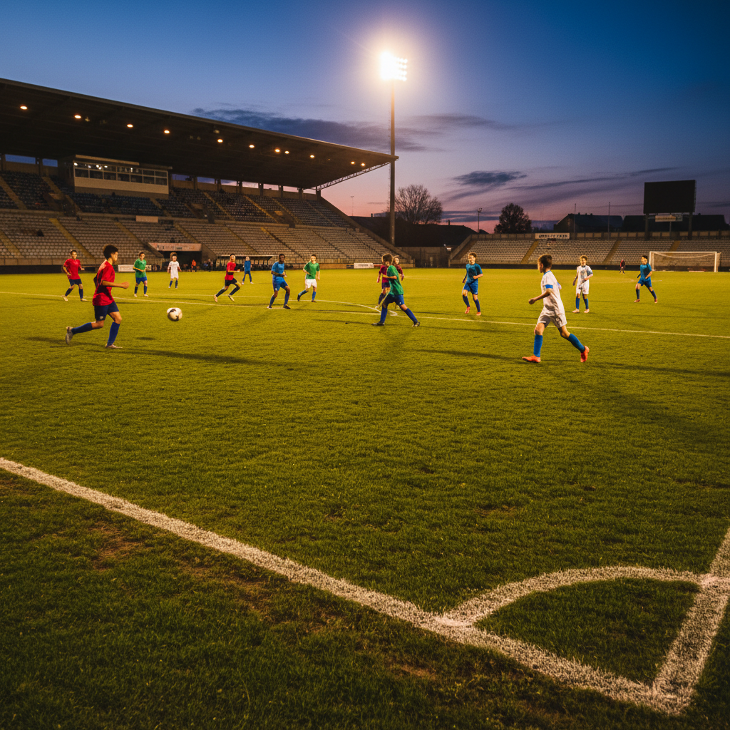 Young footballers erupting into movement under amber floodlights on a full pitch