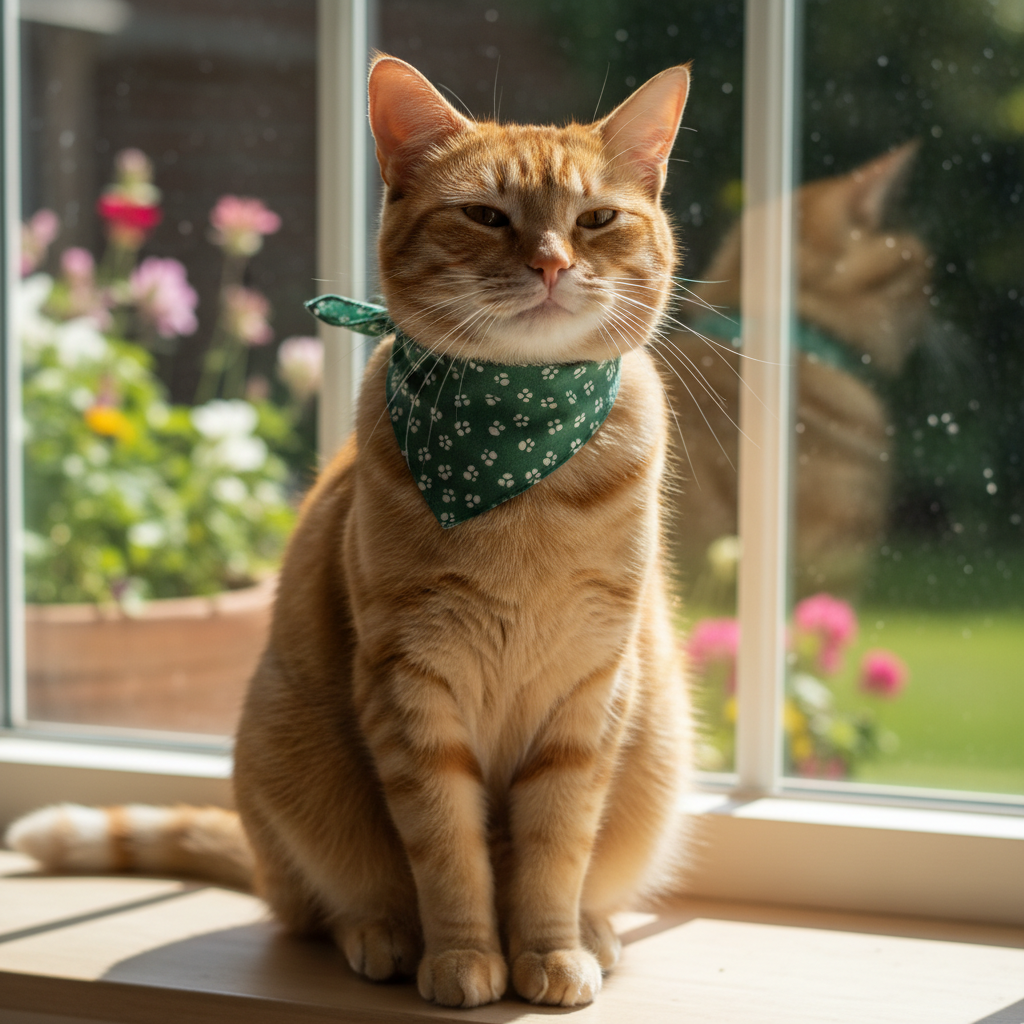 Orange tabby cat Biscuit wearing a small green bandana, sitting in a sunny window