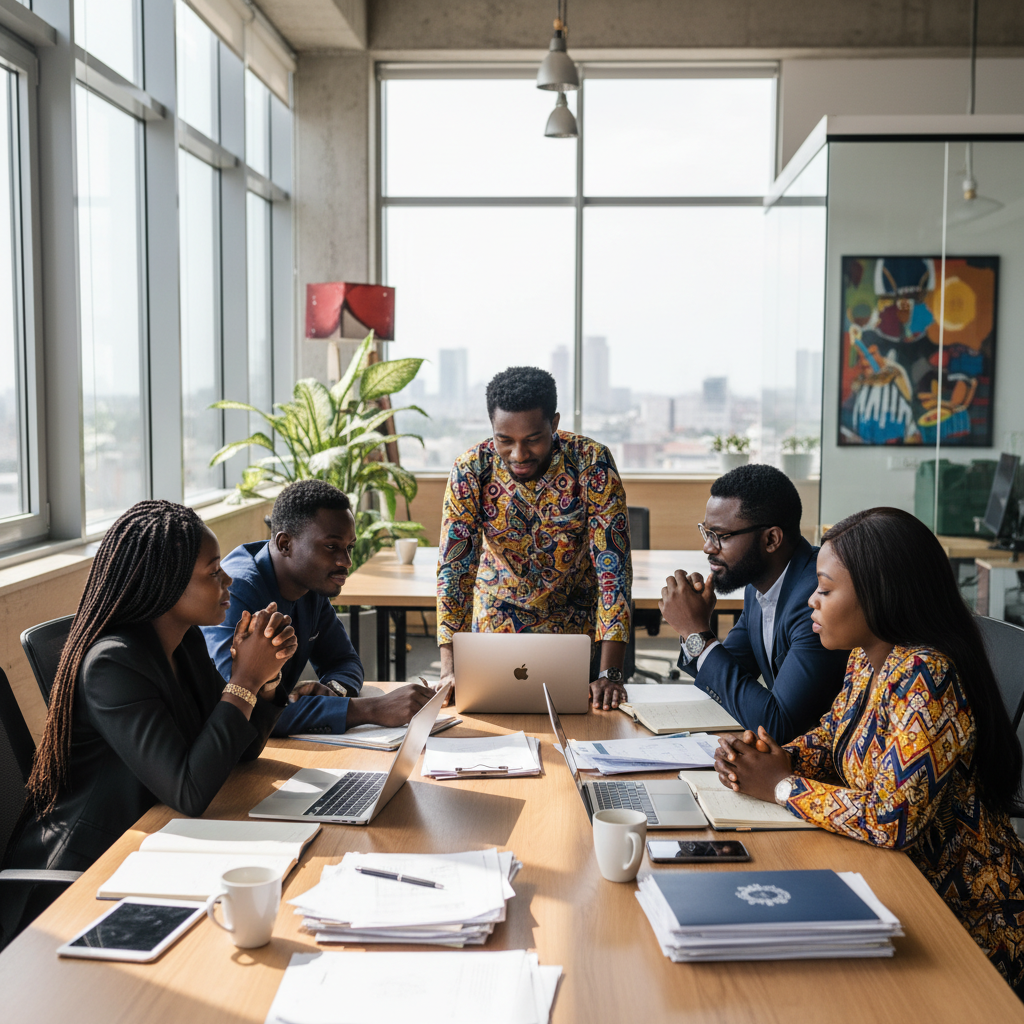 Professional meeting in modern African office, dark wood table, warm interior lighting, formal business attire, South Sudan executive context