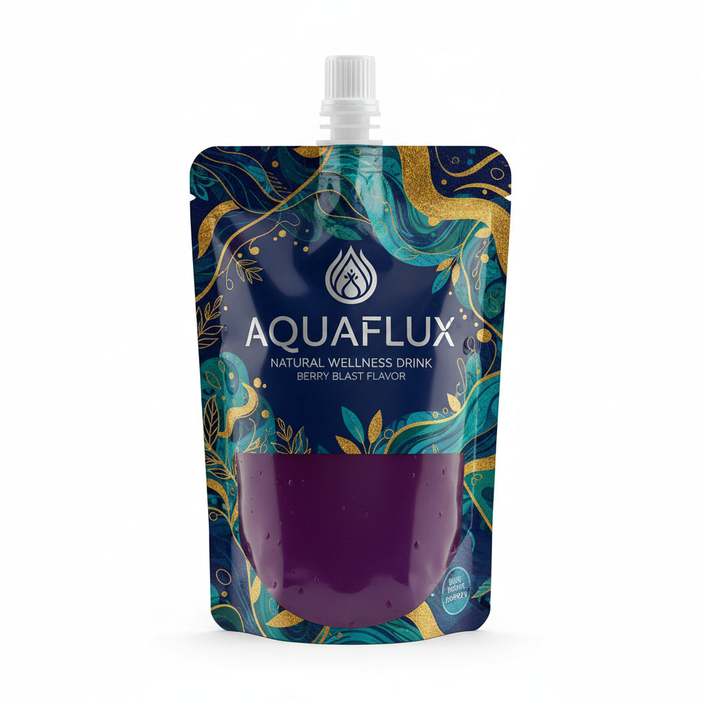 Bottom gusset flat-base pouch with premium printed design standing upright on retail shelf