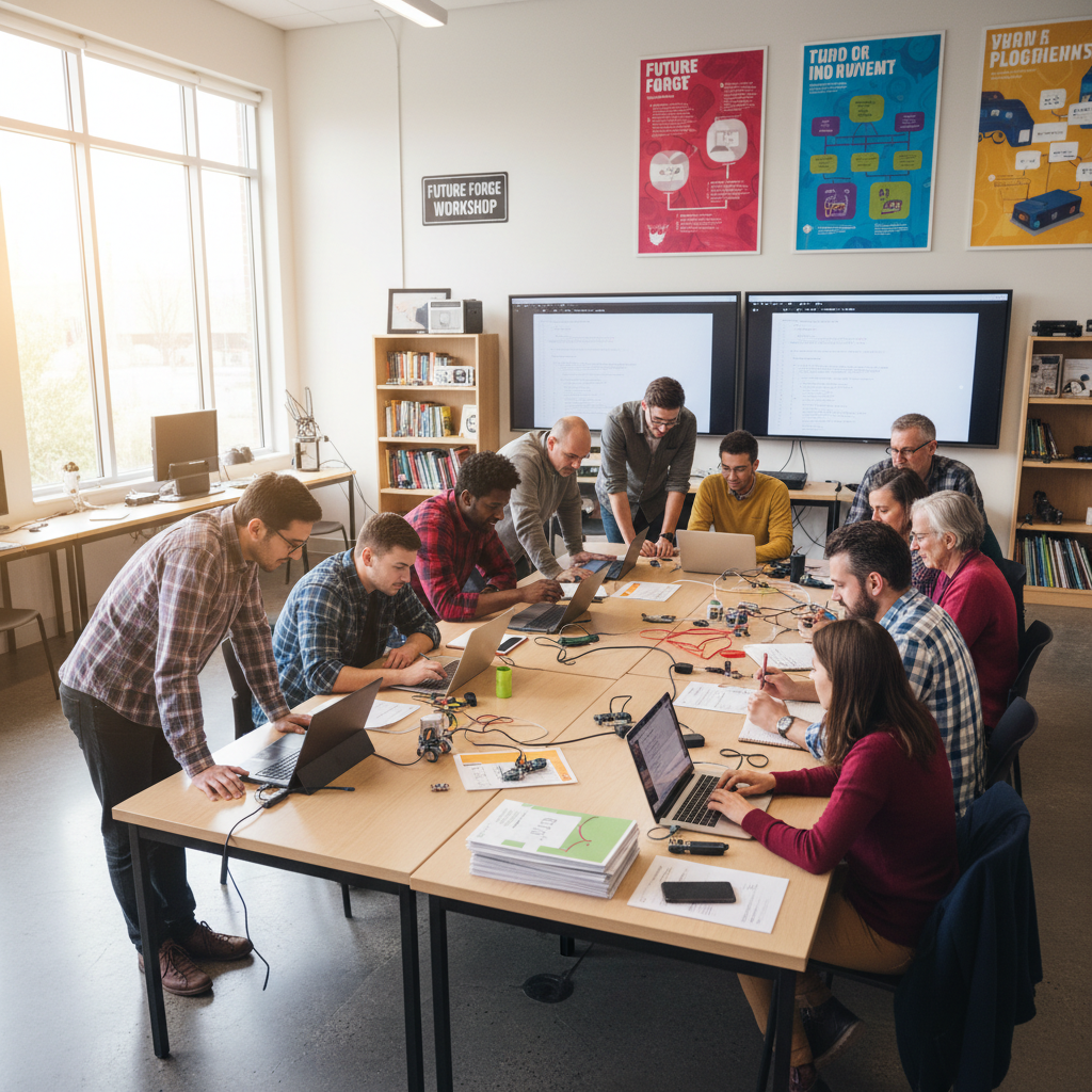 Diverse team collaborating around laptop in bright workshop environment