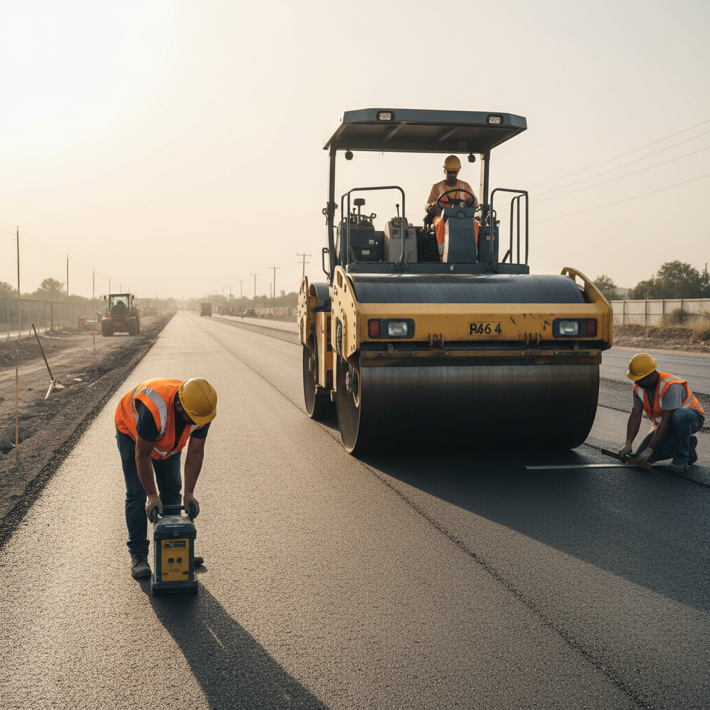 Road construction workers laying tarmac, heavy machinery, bright overcast sky, industrial setting