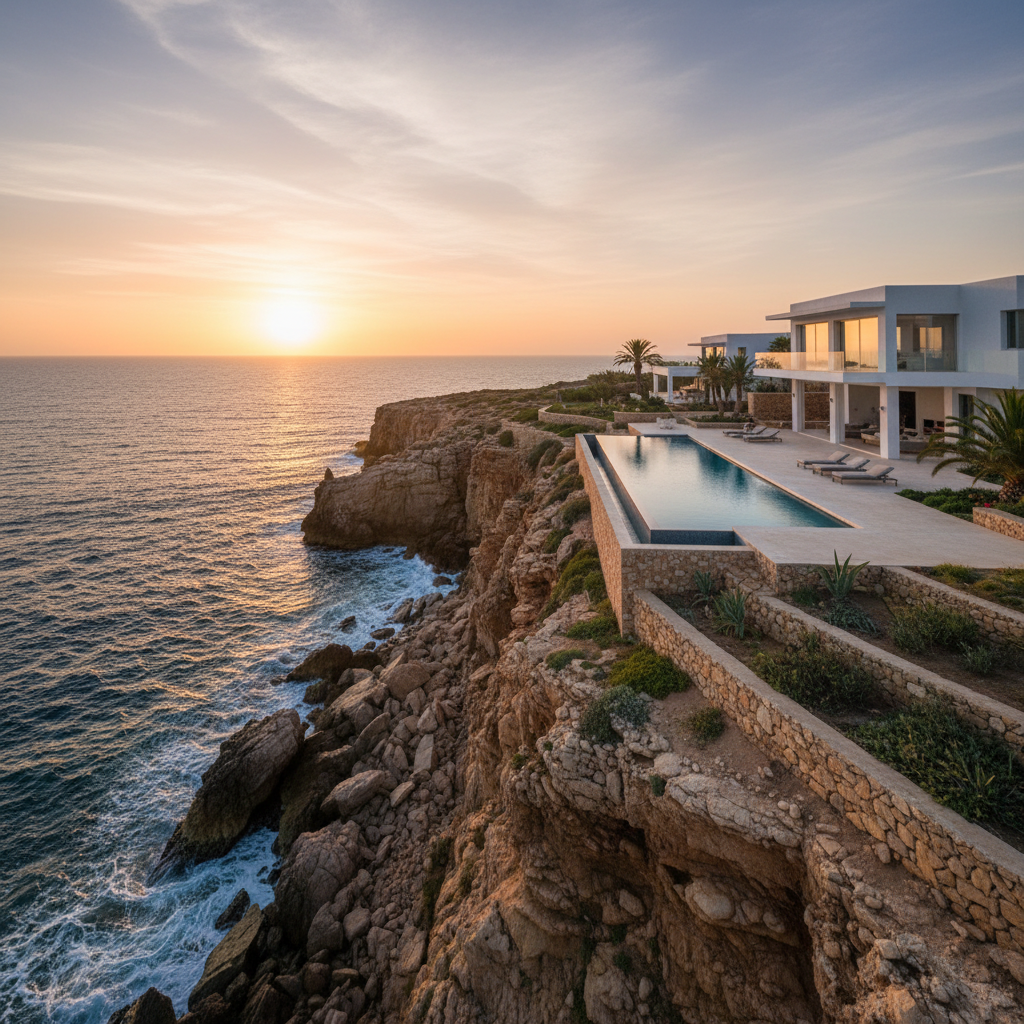 Contemporary luxury villa terrace with infinity pool and Mediterranean sea view, Marbella, warm sunset light