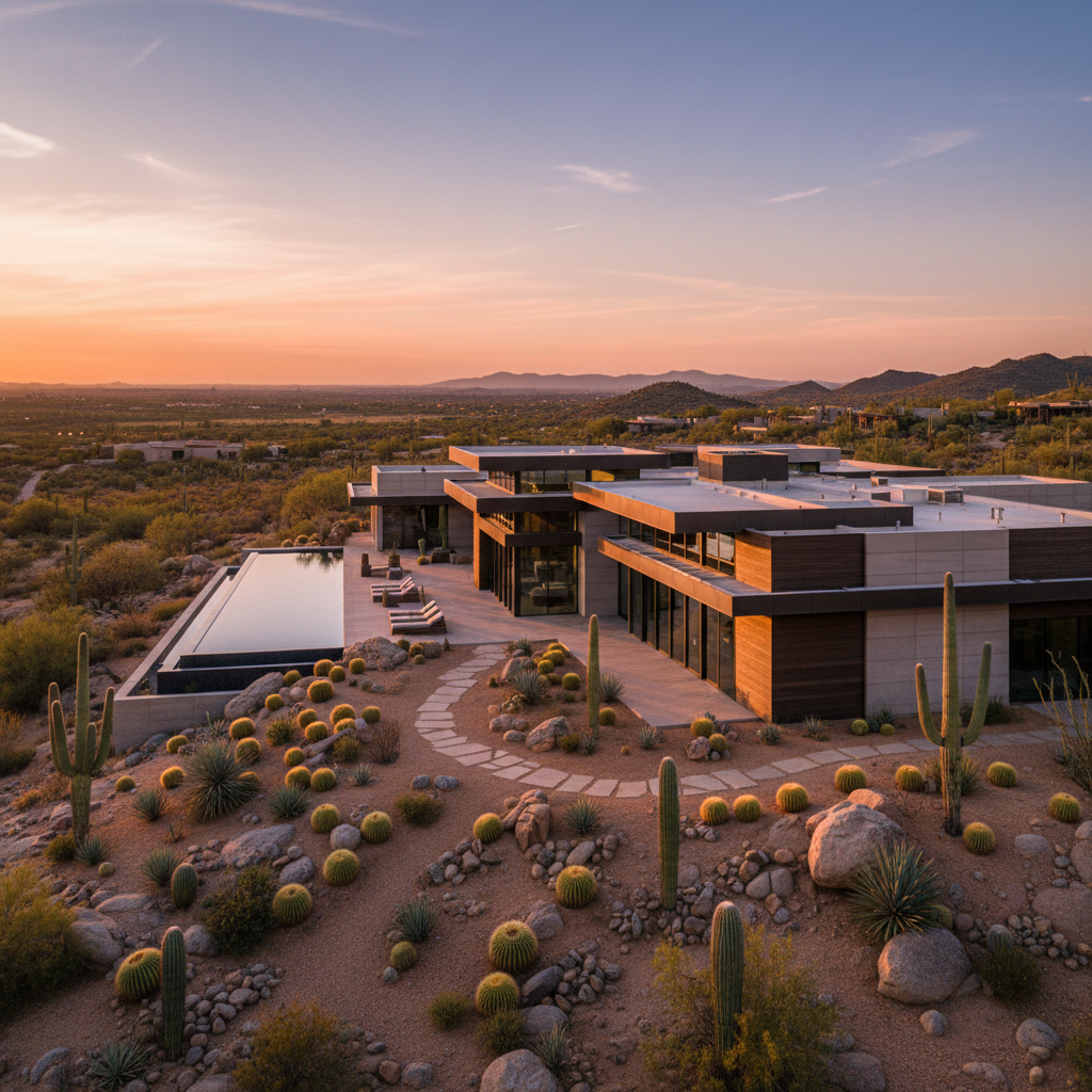 Modern luxury home exterior with desert landscape at sunset