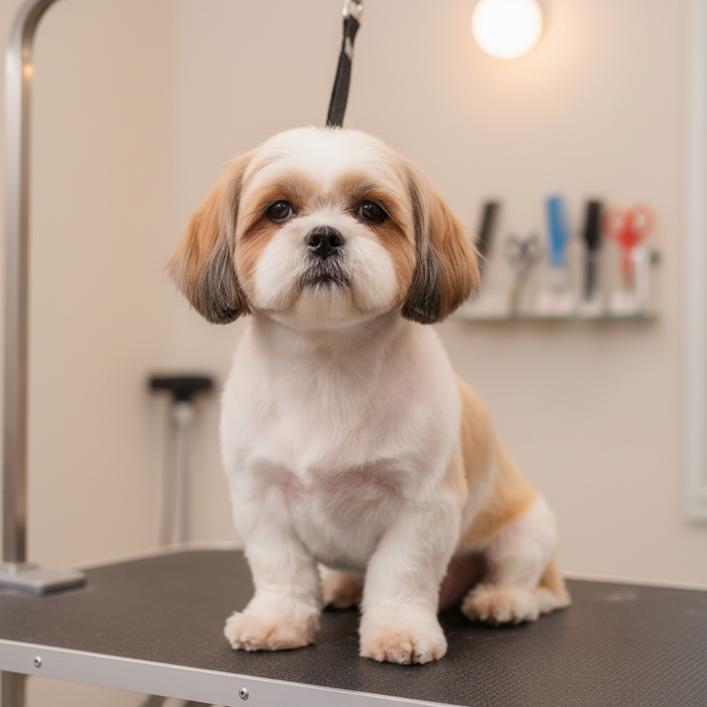 Fluffy Shih Tzu sitting calmly on a grooming table, freshly trimmed paws, soft studio lighting