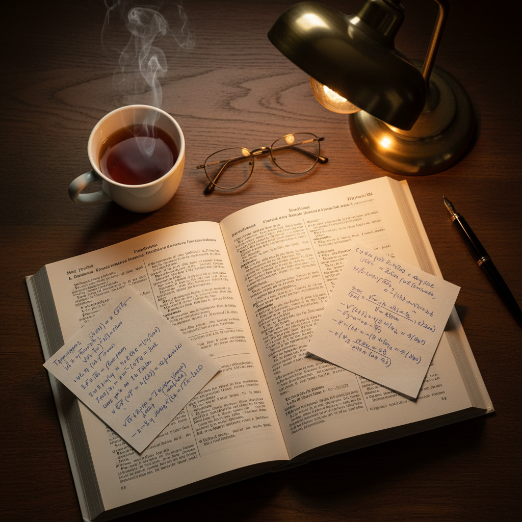 Student studying physics textbooks with notes spread on desk under lamp