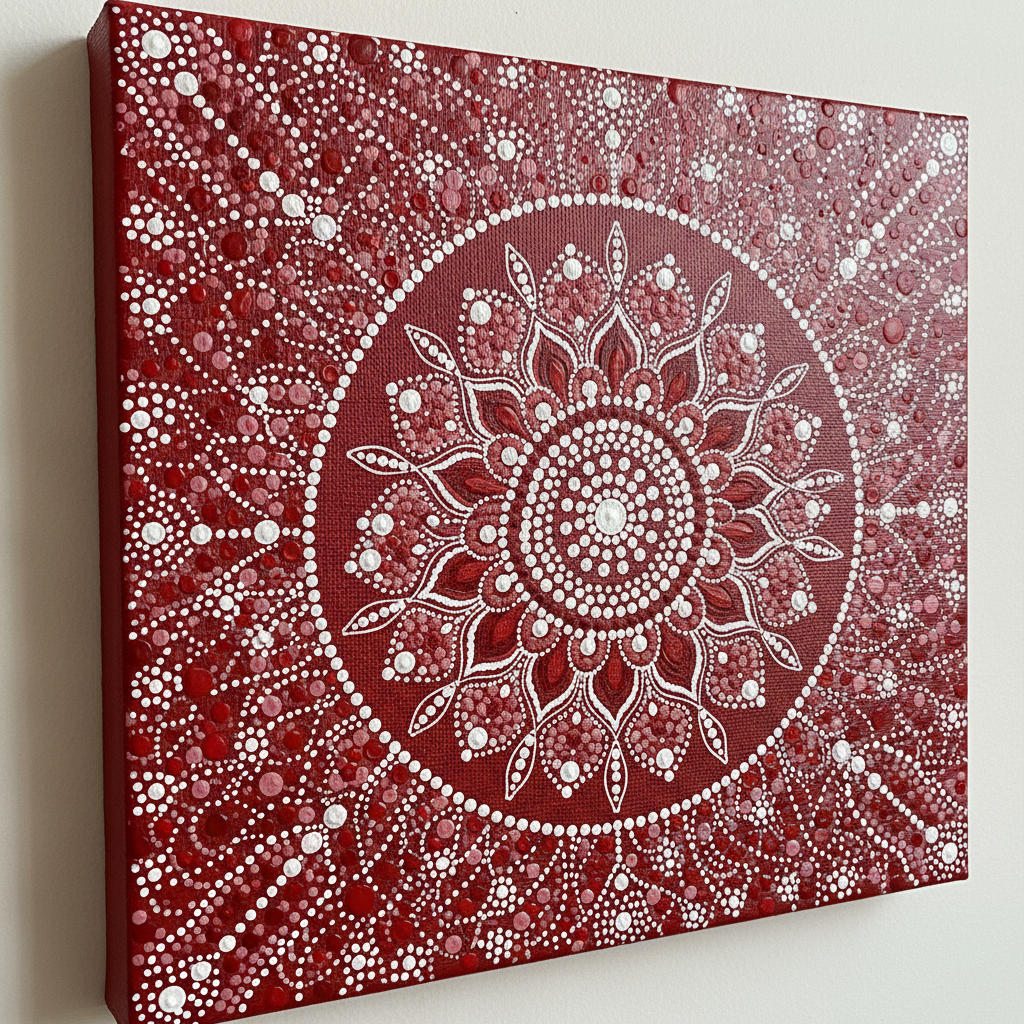 Dot painting on canvas in red and white