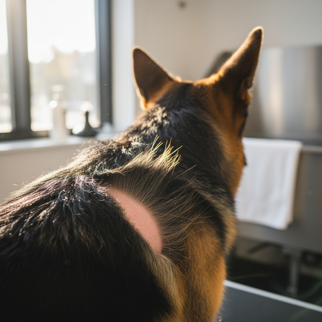 Bi-color German Shepherd post-groom, coat parted showing clean healthy skin underneath