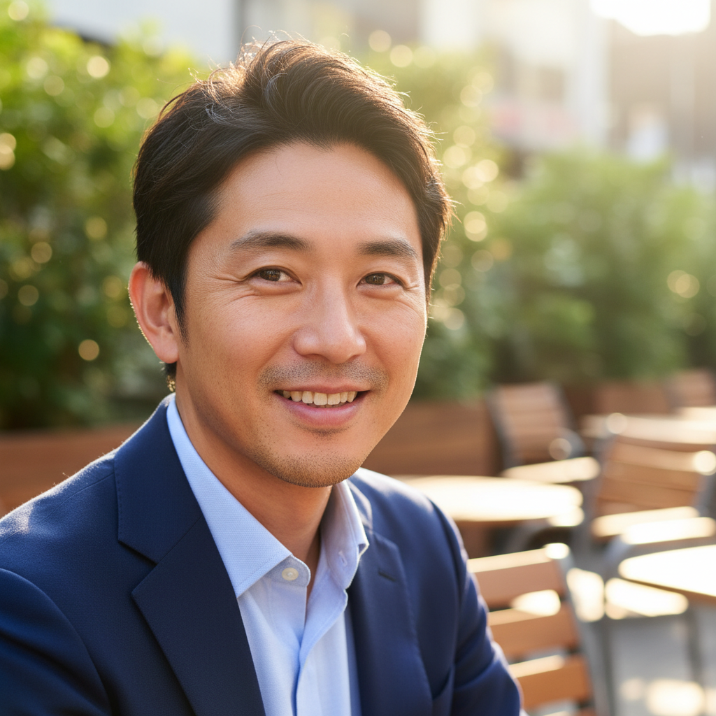 Japanese man in his late 30s smiling confidently, badminton player
