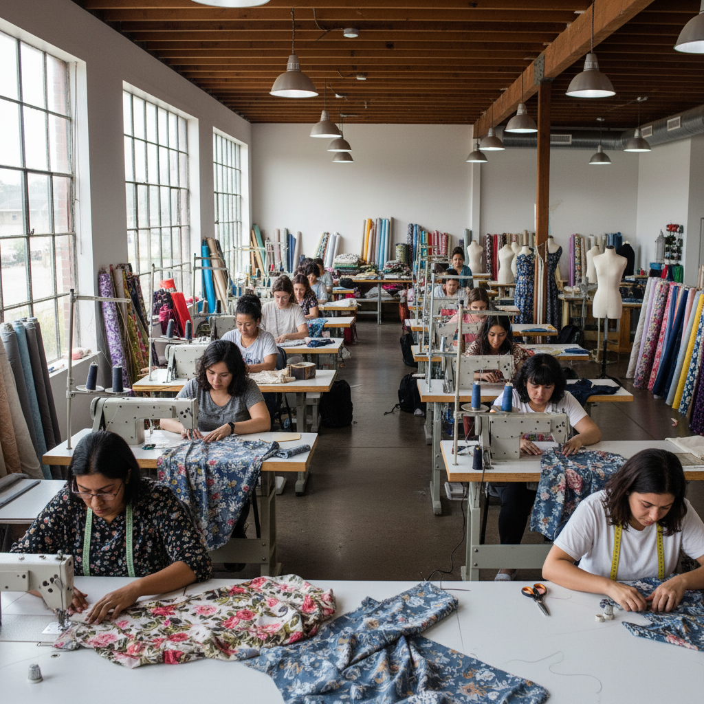 African women in vocational training workshop, bright workshop environment, sewing machines and fabric, expressions of focus