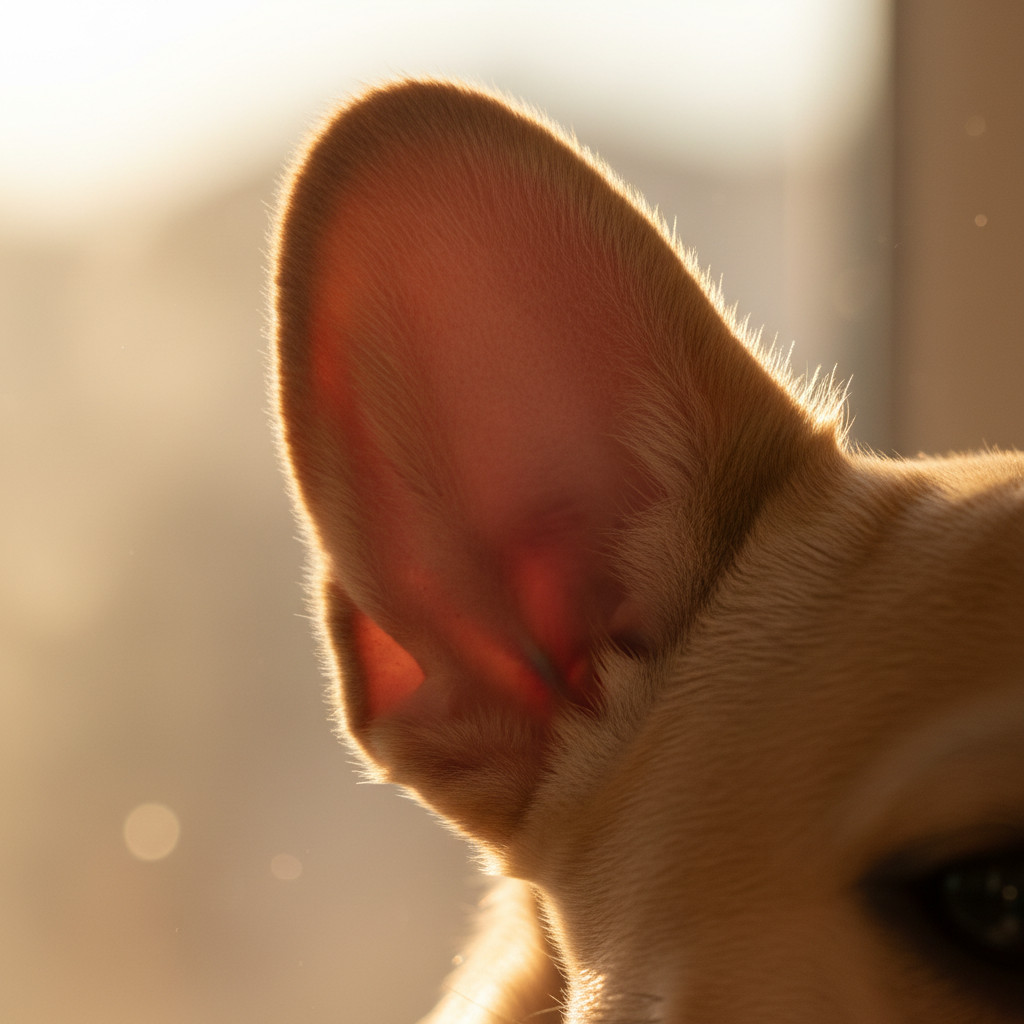 Close-up of a French Bulldog's velvet fawn ear against warm natural light, showing the soft texture and skin folds