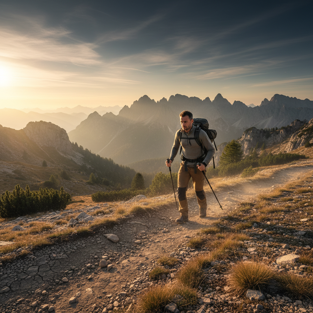 Marcus Webb on mountain trail showcasing Terrain Outdoor gear during golden hour