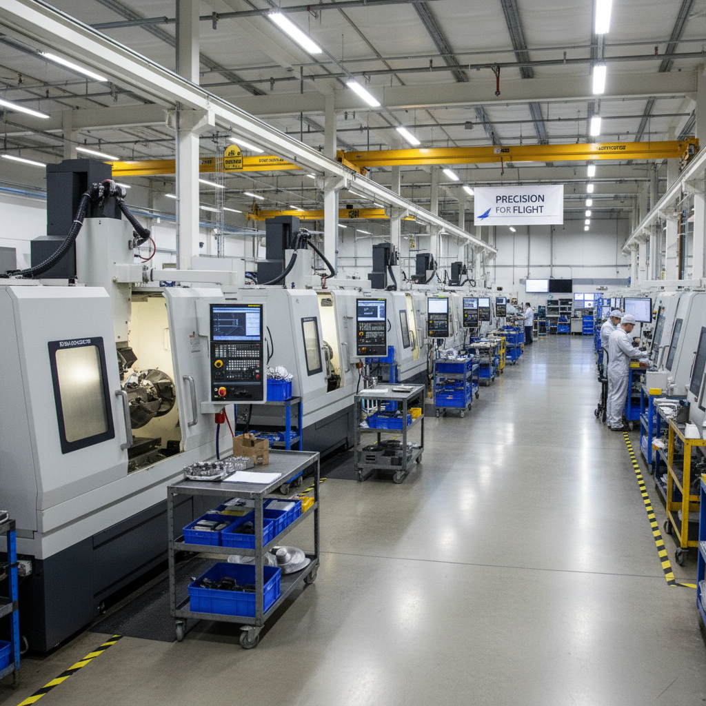 Modern aerospace manufacturing facility with advanced CNC machines and quality control systems producing precision components