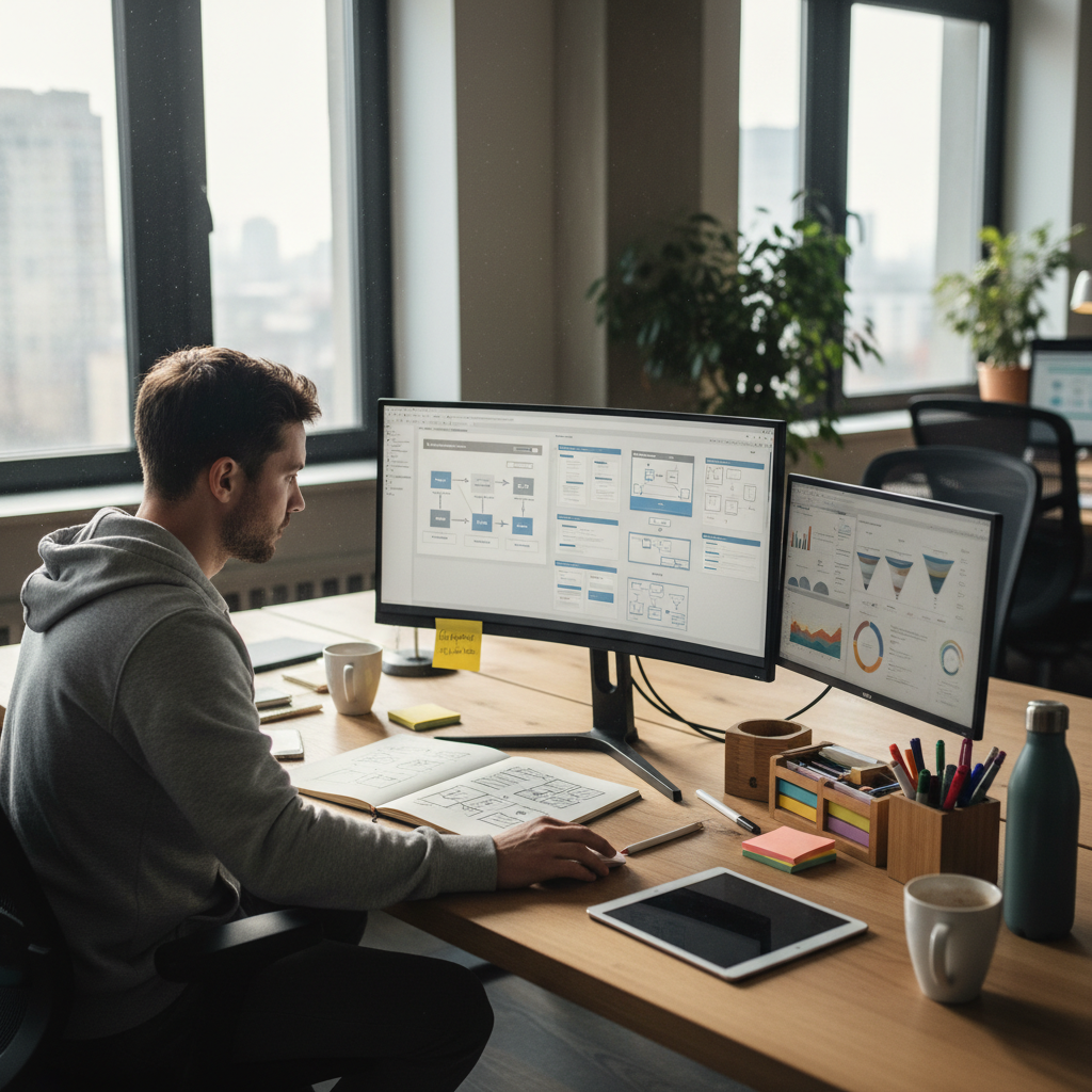 UX designer working on landing page wireframes and conversion optimization on large desktop monitor
