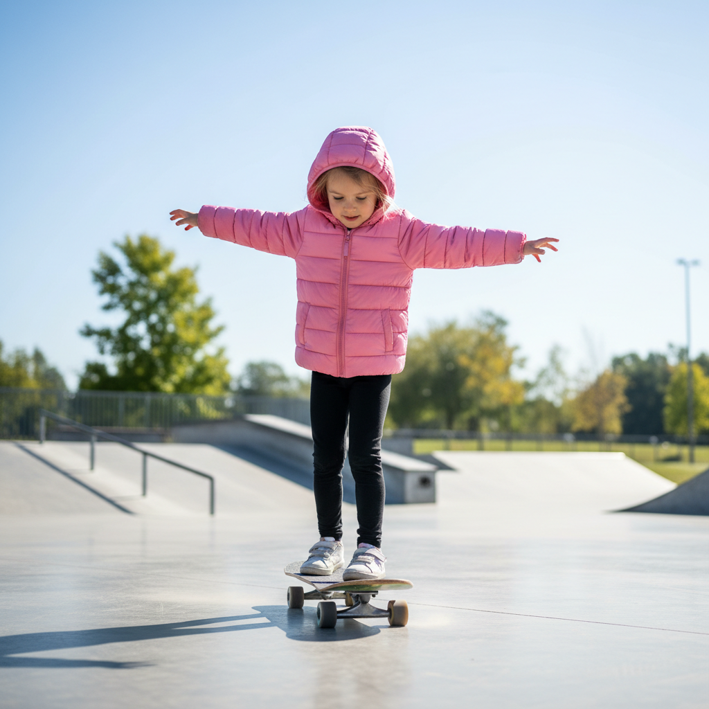Young girl in pink jacket skating independently without holding the boards