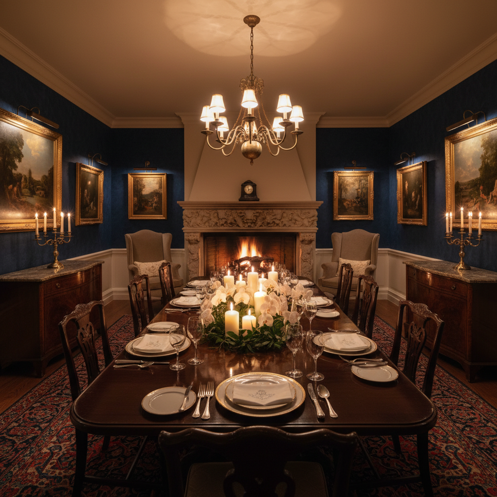 Elegantly styled private dining table with white linen, crystal glasses, and tall candles in warm dim light