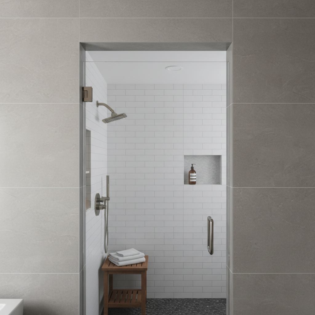 Walk-in shower enclosure with clear tempered glass panels