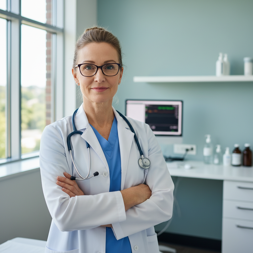 Female physician with calm, experienced presence in a bright clinical environment