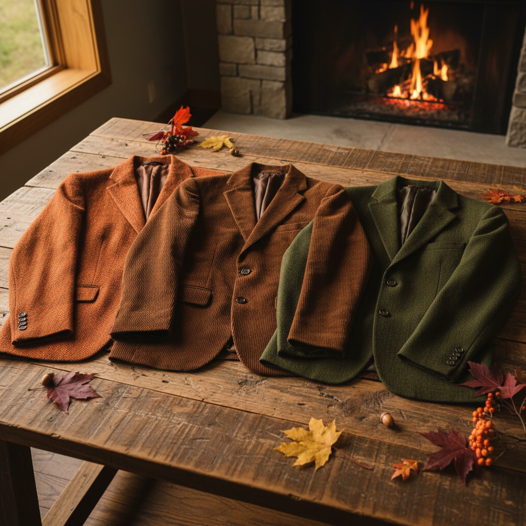 Autumn blazers in rich earth tones laid on a wooden surface with fall foliage