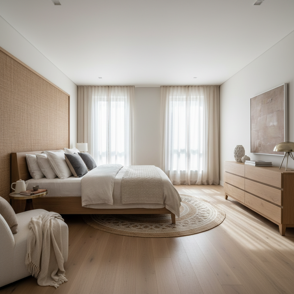 Spacious master bedroom with king bed, neutral tones, large windows with natural light, elegant decor