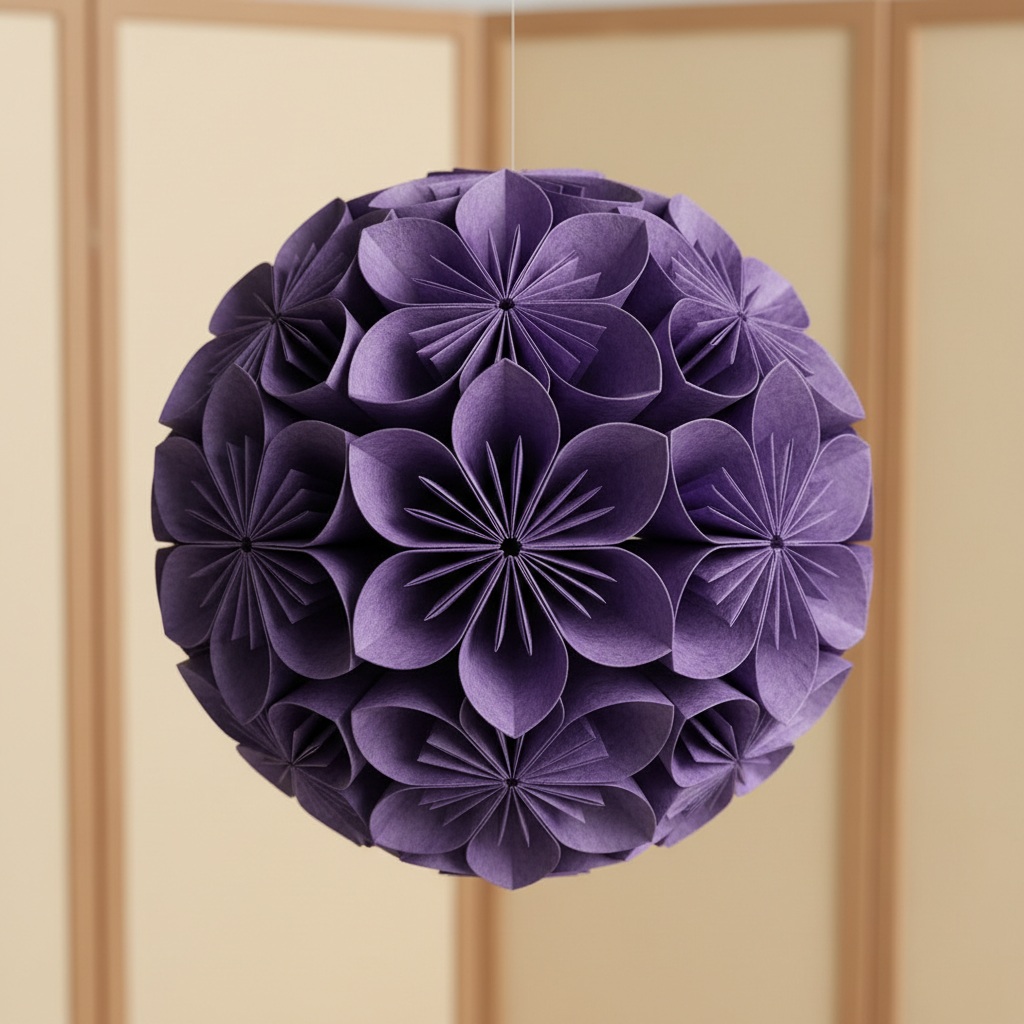 Spherical kusudama flower ball assembled from twelve identical purple origami flowers